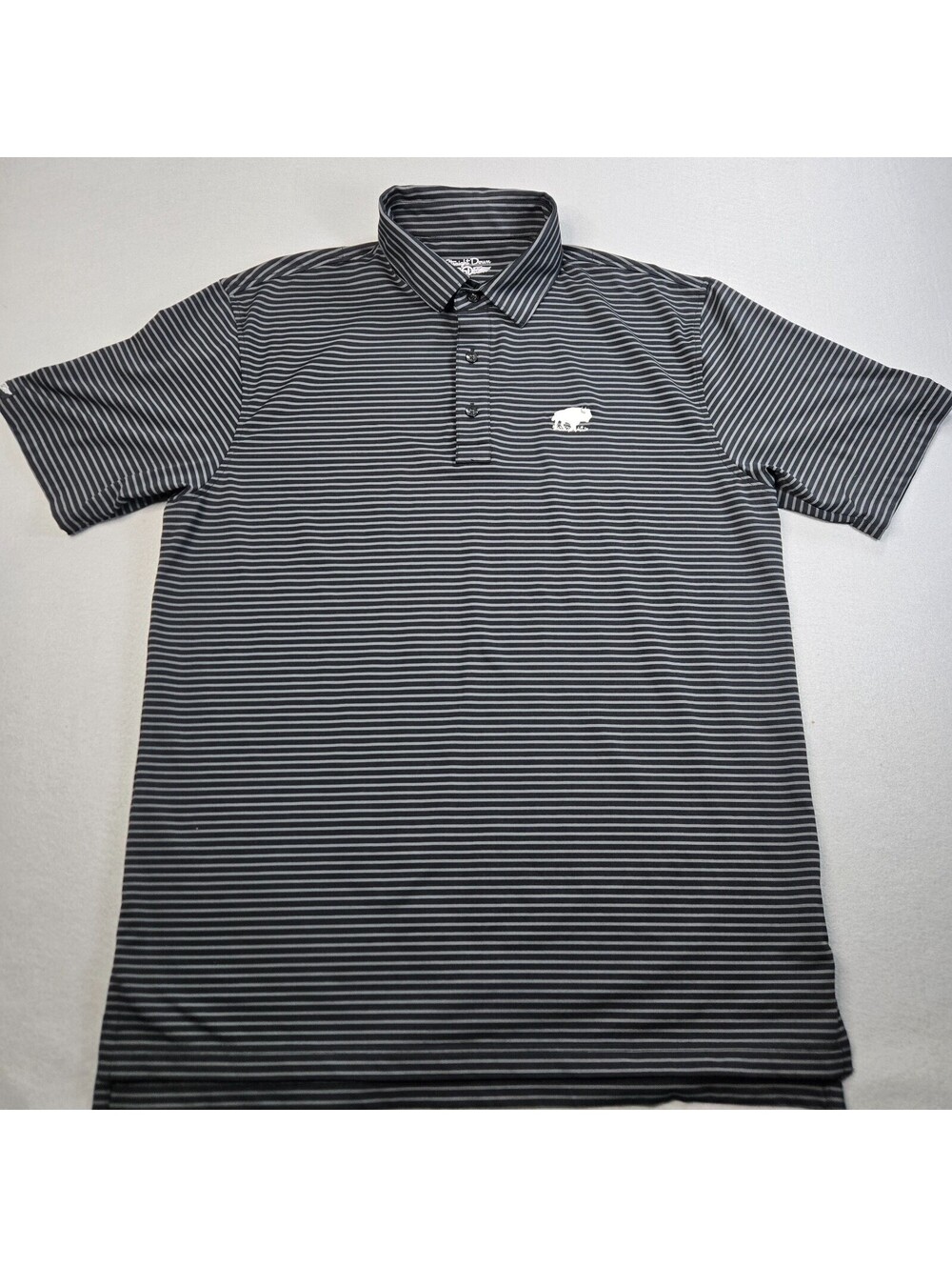 Straight Down Mens L Golf Polo Shirt Black Gray Striped Performance Buffalo Logo